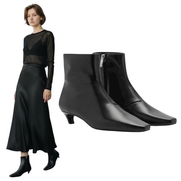 Mango Shoes - Mango MNG Square Toe Kitten Heel Leather Boots Black Size 36/ US 6